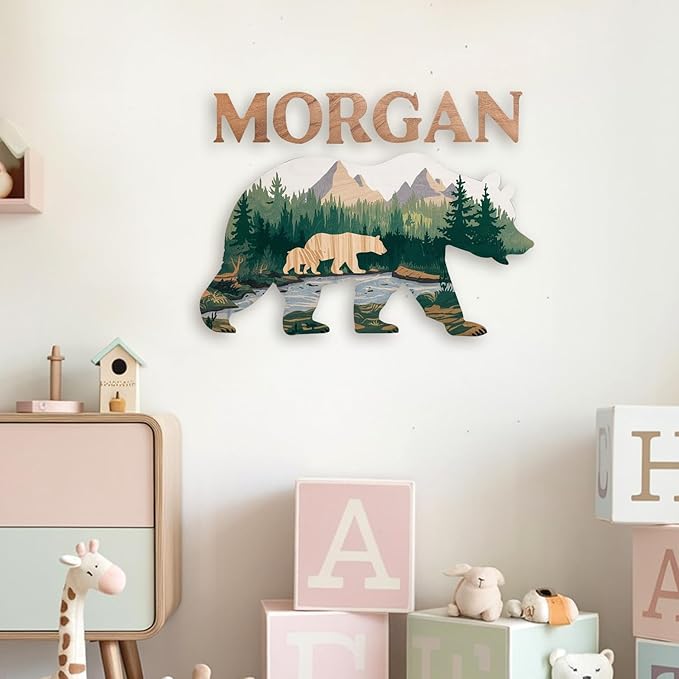 Personalized Nursery Sign, Animals Wooden Sign with Name, Hello World Newborn Sign, Bear Sign for Kid Room Decor, Baby Gifts for Boy, Custom Baby Name Sign, Baby Boy Wall Art Bedroom