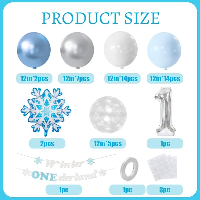 Winter Onederland Party Decorations, Winter Onederland 1st Birthday For Boy,Blue First Birthday Decorations For Boy With Blue White Balloons, Snowflake Balloons, Number 1 Balloon And Banner