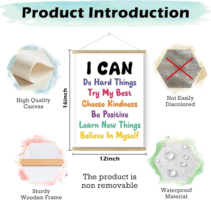 Qswo Positive Affirmations Wall Decor,I Can Do Hard Things Wall Art Poster Hanger Frame,Inspirational Hanging Canvas Wall Decor for Kids Room Nursery Classroom