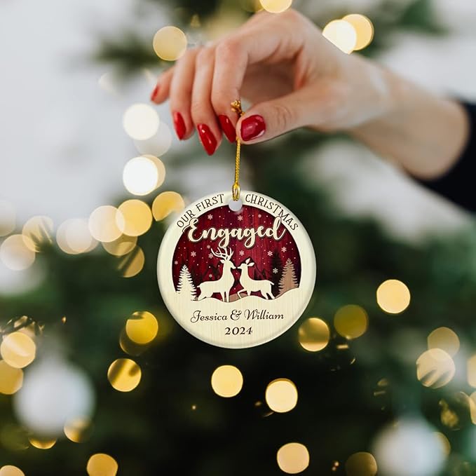 wowcugi Personalized First Christmas Engaged Ornament Personalized Reindeer Couple Ceramic Ornaments Engagement Ornament Wedding Keepsake Gifts for Newlywed Xmas Tree Decorations
