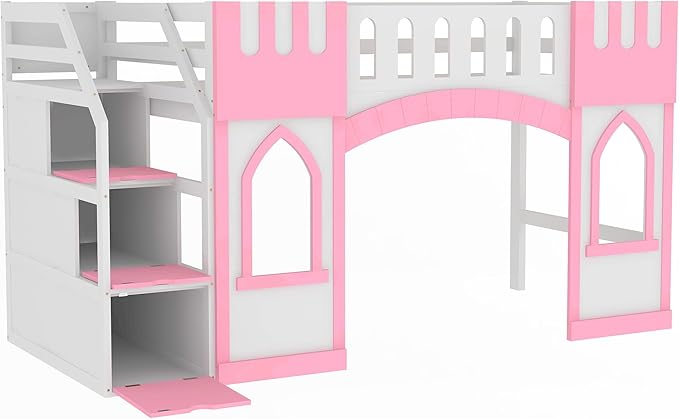 Playhouse Design Twin Size Loft Bed with Storage Staircase and Windows, Solid Wood Loft Bed Frame with Safety Guardrail for Kids Teens Boys Girls, Space-Saving (Pink-3)