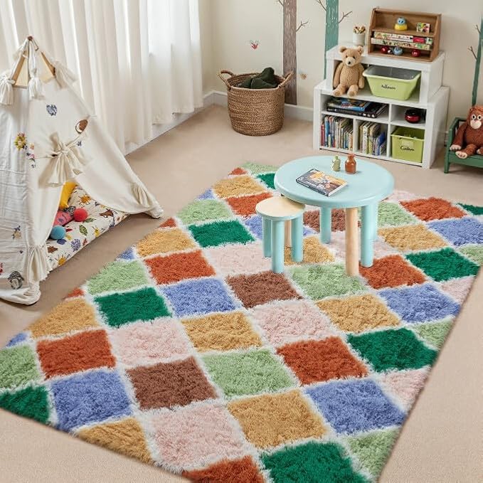4x6 Checkered Rug for Living Room Colorful Modern Soft Area Rug Fluffy Non-Slip Carpet for Bedroom Playroom Home Aesthetic Decor