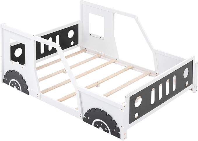 Merax Full Size Classic Car-Shaped Platform Bed with Wheels, Wood Car Bed Frame for Boys, White