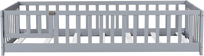 Bellemave Twin Size Floor Bed for Kids, Girls, Boys, Rubber Wood Floor Bed with slats and Door, Grey
