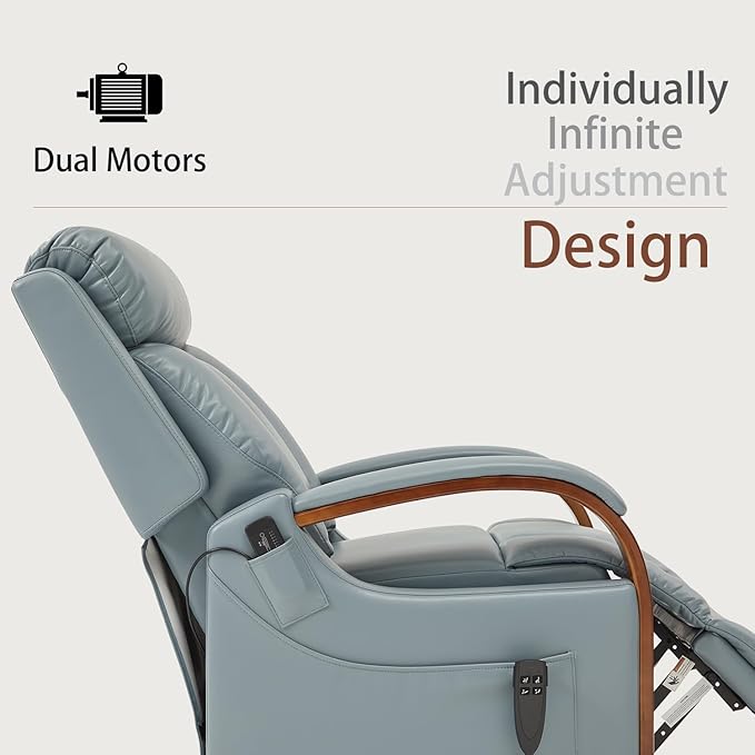 DYNOX Small Lift Chair Recliner with Heat and Massage, Dual Motor Power Lift Sofa for Elderly,Infinite Adjust for Back and Footrest,Side Pocket(9185,Blue,Faux Leather)