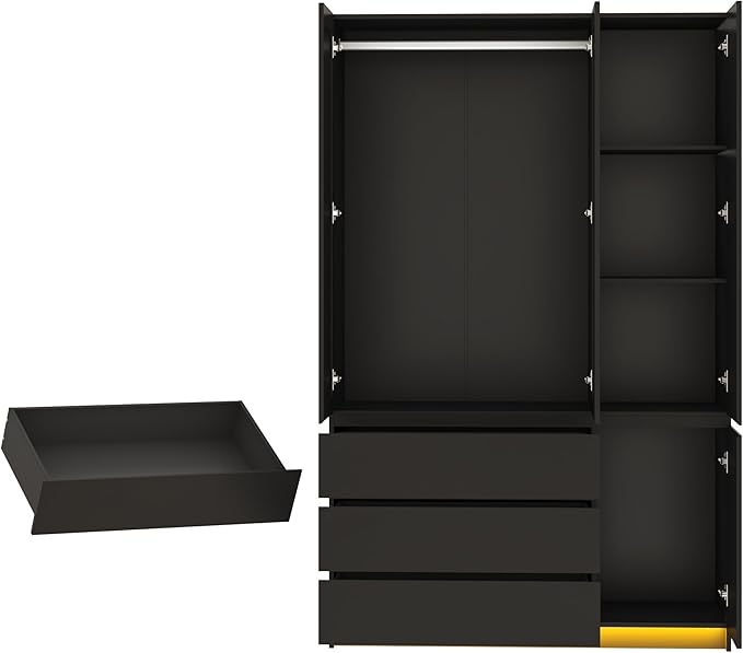 3 Doors Armoire Wardrobe Closet with 3 Drawers & Mirror, Modern Wooden Bedroom Armoires with Hanging Rod Led Lights for Bedroom, Black