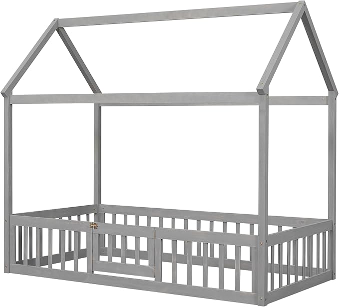 Twin Size Wood House Bed with Fence and Door, Bedroom Distressed Washed Design Bed Frame W/ a Whimsical Sky Roof,Easy to Assemble,for Kids Teens Girls Boys,Gray Wash