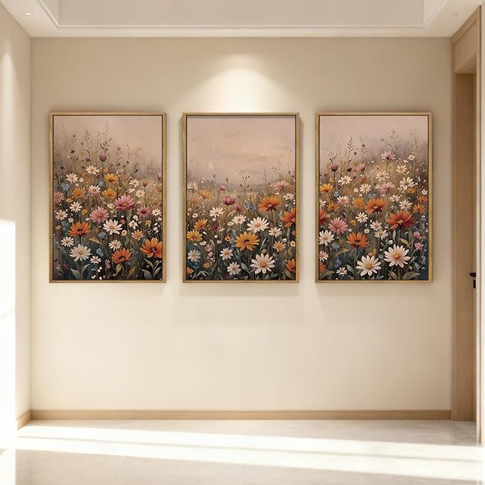 IARTTOP Extra Large Botanical Brown Framed Wall Art 24x36 Inch Set of 3 Vintage wildflower Art Prints Calming Nature Floral Landscape Wall Decor for Living Room Dining room Bedroom