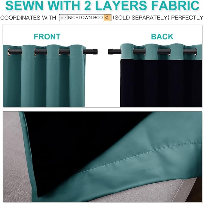 NICETOWN Complete 100% Blackout Curtain Set, Thermal Insulated & Energy Efficiency Window Draperies for Guest Room, Full Shading Panels for Shift Worker and Light Sleepers, Sea Teal, 70W x 84L, 2 PCs