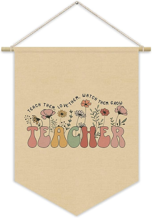 XYDEG Teacher Appreciation Gifts,Office Decor for Teacher,Classroom Decorations For Teachers Canvas Banner,Affirmations Wildflower Teacher Sign,Wall Art Canvas Hanging Pennant Flag Banner