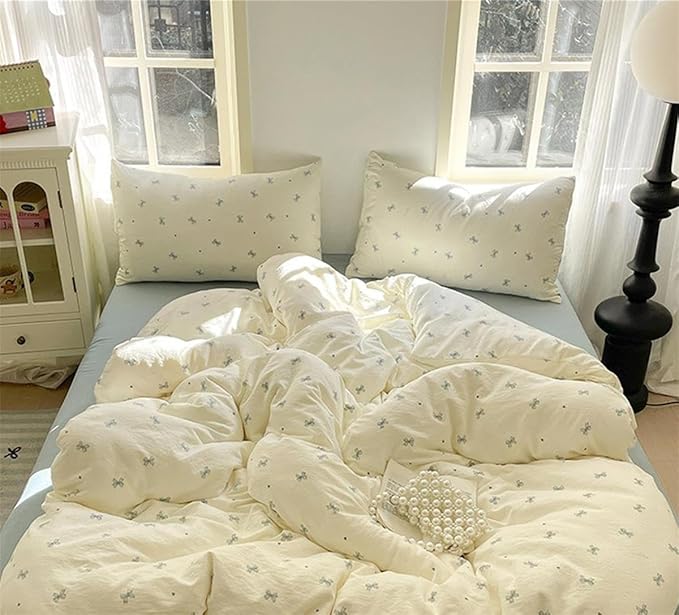 Bow Bedding Set Queen Size Blue Bowknot Duvet Cover with Heart Printed 3 Pcs Kids Boys Girls Princess Style Cute Bows Reversible Duvet Cover Set with Zipper Closure