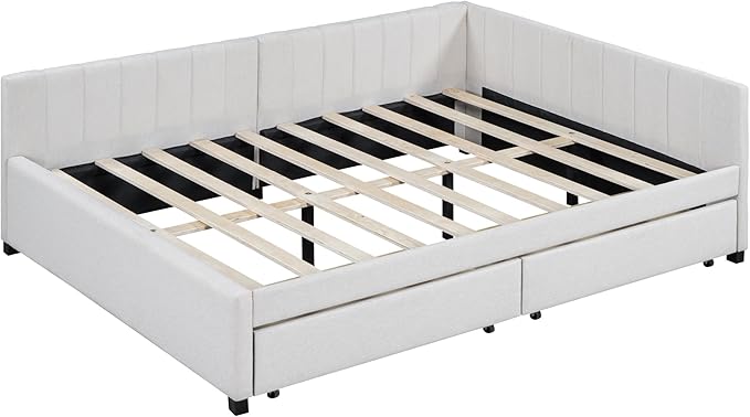 Harper & Bright Designs Full Size Upholstered Daybed with 2 Storage Drawers Sofa Bed Frame for Boys Girls Kids Adults Toddler No Box Spring Needed, Linen Fabric (Beige)