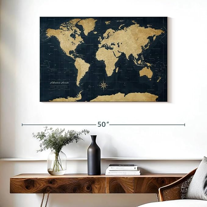 ElephantStock - Adventure Awaits World Map With Push Pins Wall Art - Horizontal Canvas Wall Art - Living Room Wall Decor - Digital Art Map Canvas Art - Gold And Blue Decor - 39" x 26"
