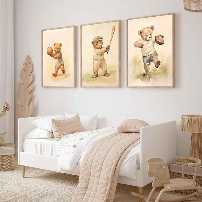 3Pcs Teddy Bear Sports Nursery Animal Canvas Wall Art Cute Woodland Baby Bear Rugby Wall Decor Pictures Football Basketball Baseball Kids Room Posters Prints for Children Bedroom Decoration No Frames