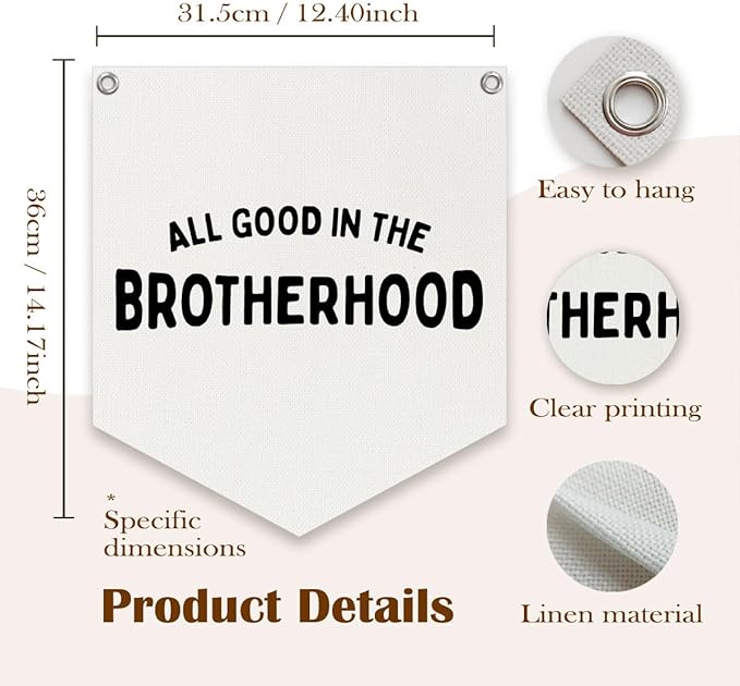Lacama Vintage Room Decor,All Good In The Brotherhood Linen Banner,Boy Bedroom Wall Hanging Banner Pennant Flag Decor for Nursery Playroom Toddler Nursery Decor College Dorm Room,brother banner12.4x14 in
