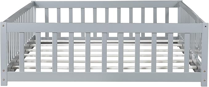 Ball & Cast Full Size Montessori Floor Bed,Wooden Floor Bed Frame with Wood Slats,Montessori Toddler Bedframe W/Door and Safety Guardrails for Girls Boys,Bedroom,Playroom,No Box Spring Needed,Grey