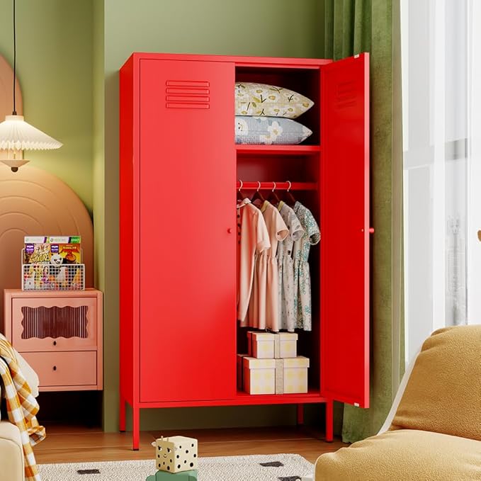 2 Door Metal Wardrobe,Classified Storage Tall Storage Cabinet with Hanging Rod&2 Freely Adjustable Shelves, Metal Armoire Closet for Kids Bedroom, Laundry Room,Home (red)