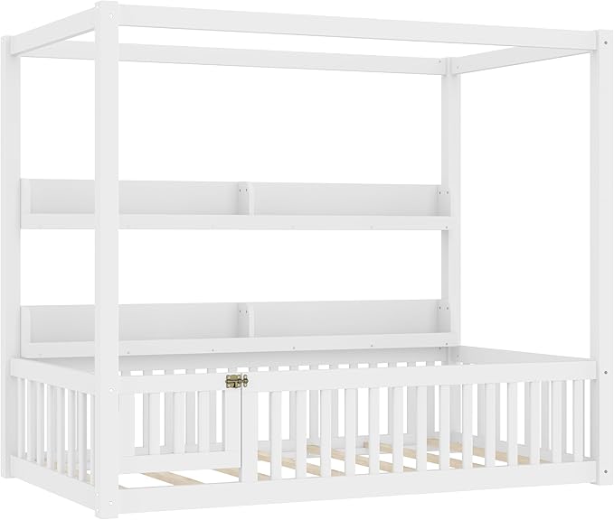 Bellemave Twin Canopy Bed with Rails and Slats,Wooden Floor Bed with Bookcase and 4 Poster Design,Montessori Floor Bed Frame,No Spring Box Needed（Twin,White）