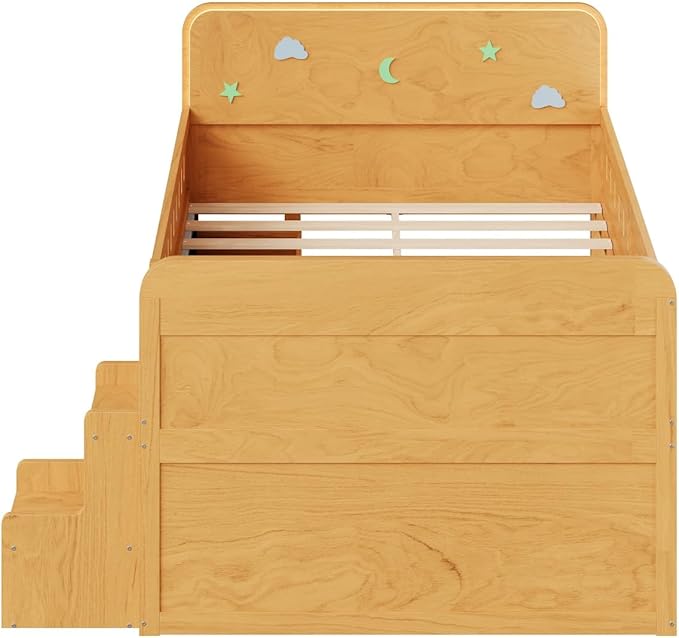 Full Size Platform Bed with Guardrail and 4 Drawers, Wooden Kids Platform Bed Frame with Two-Step Staircases and Light Strip for Boys Girls, Sturdy Slats Support (Wood-11A)