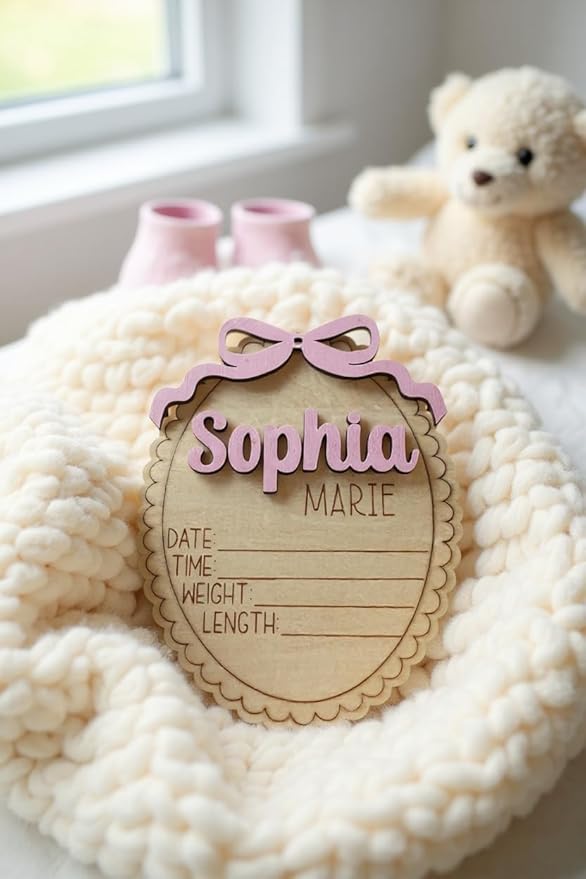 Personalized Baby Announcement Sign with Bow, Custom 3D Layered Scalloped Edge Name & Birth Stat Board for Newborn Photos (Stat Sign)