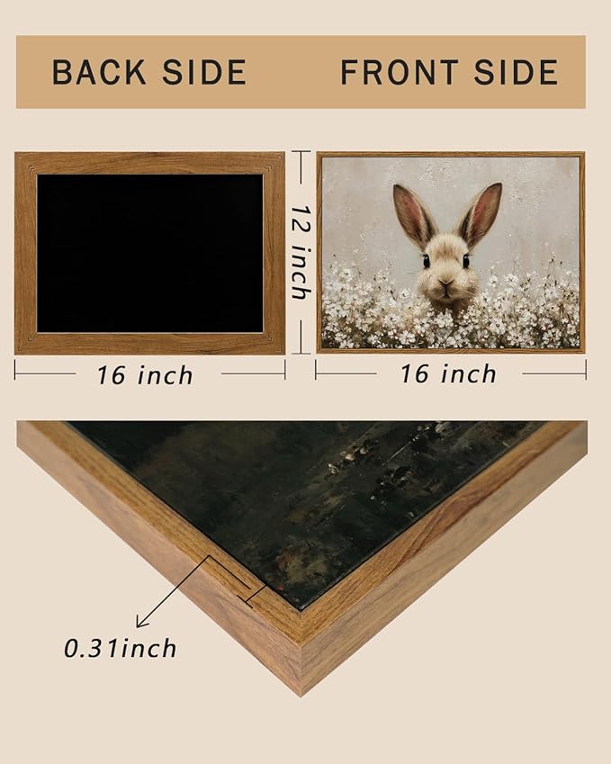 ARPEOTCY Vintage Framed Canvas Wall Art, 12x16inch, Easter Bunny Spring Rabbit Wall Decor, Animal Art Prints Home Decorations, Wildflower Paintings for Living Room Bedroom Shelf Decor