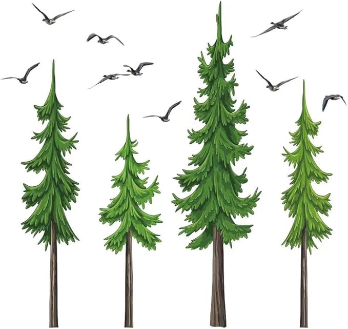 Watercolor Pine Tree Wall Stickers Christmas Woodland Wall Decals Large Peel and Stick Forest Wall Sticker Woodland Branch Birds Wall Decor for Nursery Bedroom Living Room