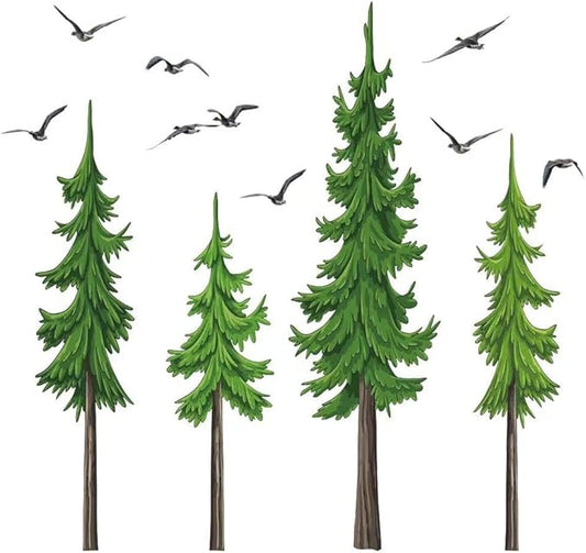 Watercolor Pine Tree Wall Stickers Christmas Woodland Wall Decals Large Peel and Stick Forest Wall Sticker Woodland Branch Birds Wall Decor for Nursery Bedroom Living Room