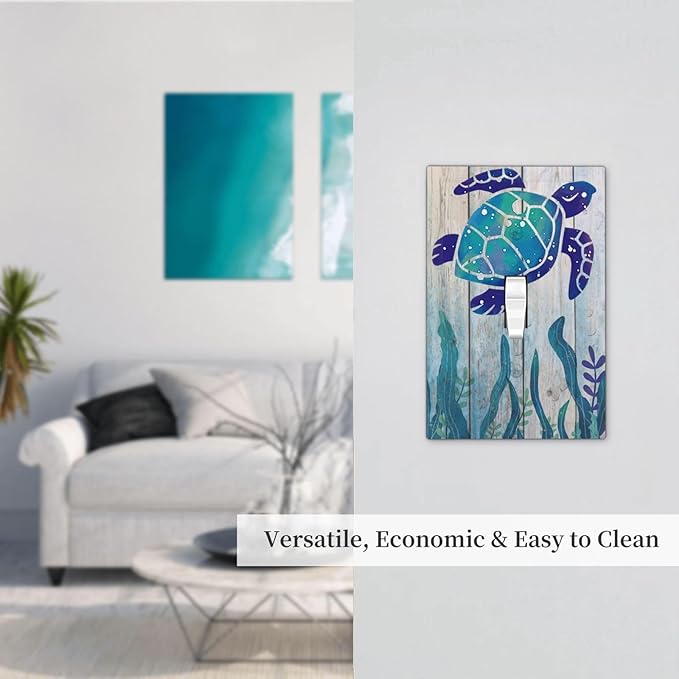 Sea Turtle Grass Seaweed on Rustic Wooden Board Single Toggle Wall Plate Covers 1 Gang Light Switch Cover Ocean Grass Seaweed Faceplate Decorative Electrical for Bathroom Kitchen Home Decor