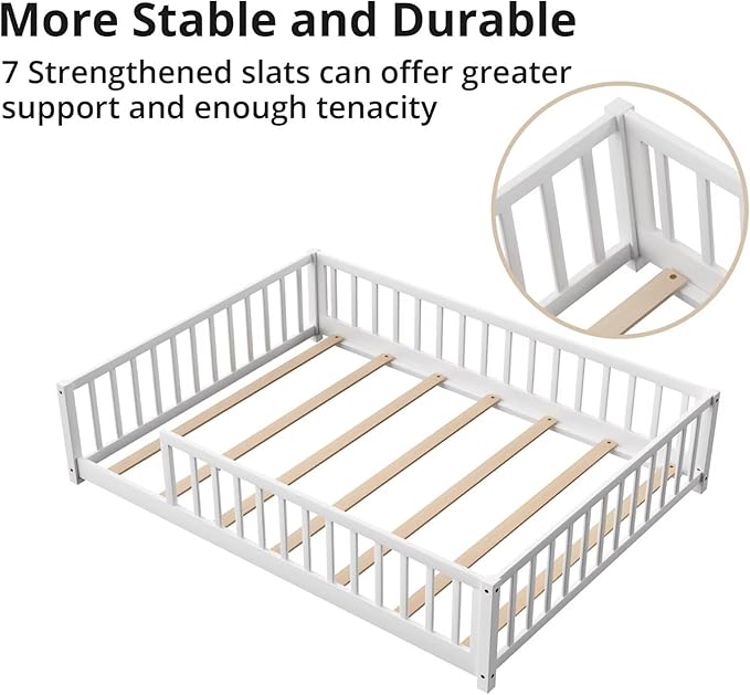LLS Full Floor Bed for Kids Toddlers, Solid Wood Multifunctional Montessori Bed Frame with Safety Guardrails, Without Door, Easy Assemble, White