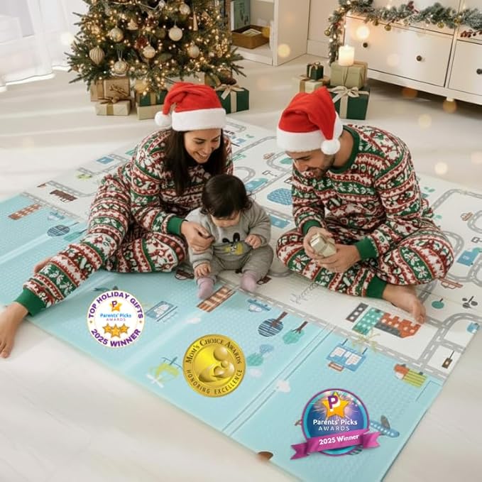Bammax Extra Large 78" x 70" x 0.4" XPE Foam Baby Play Mat + Travel Bag | Waterproof, Reversible & Foldable Padded Playmat | Baby Crawling Mat & Kids Play Mat – Cars & Fire Engine