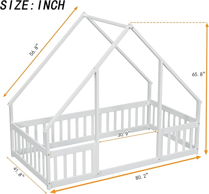 Bellemave Twin Floor Bed for Kids, Girls, Boys, Wood House Bed Frame, House Floor Bed for Kids, Twin Size Montessori Floor Bed with Fence, Playhouse, White