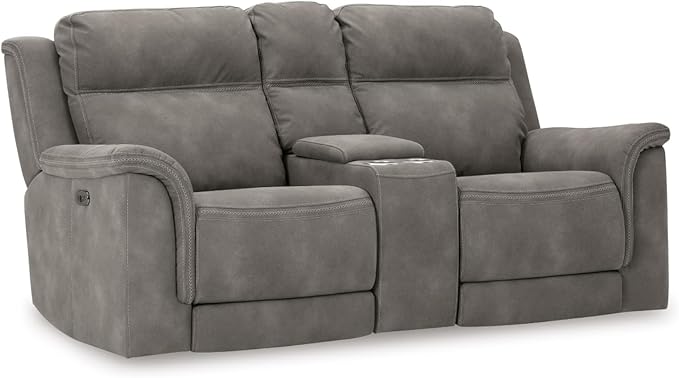 Signature Design by Ashley Next-Gen DuraPella Power Reclining Loveseat with Console & Adjustable Headrest, USB, Faux Leather, 76" W x 42" D x 42" H, Slate