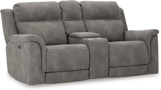 Signature Design by Ashley Next-Gen DuraPella Power Reclining Loveseat with Console & Adjustable Headrest, USB, Faux Leather, 76" W x 42" D x 42" H, Slate
