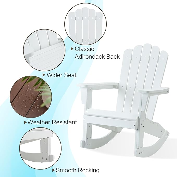 Psilvam Outdoor Adirondack Rocking Chair, Poly Lumber Porch Rocker with High Back, Patio Rocking Chair for Both Outdoor and Indoor (White)