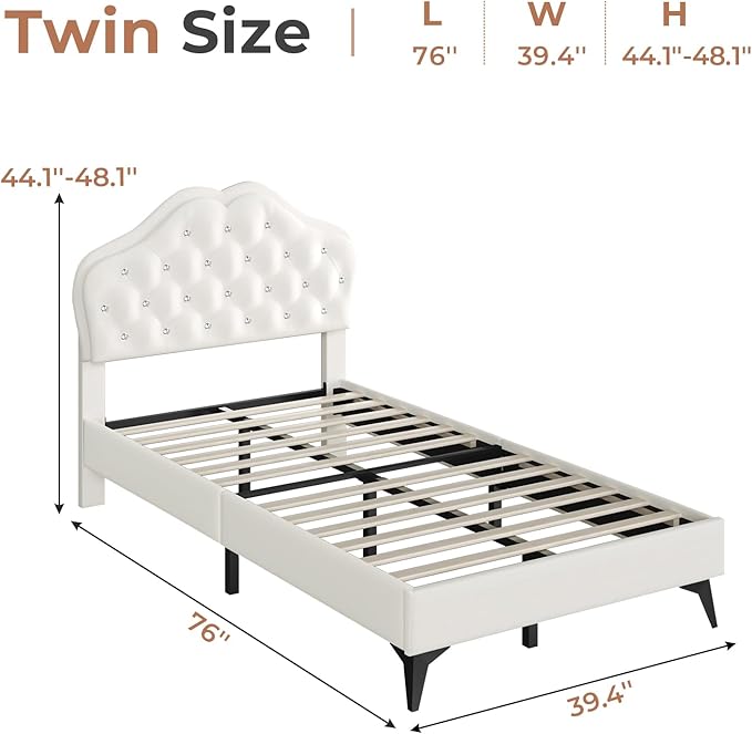 BTHFST Twin Size Upholstered Bed Frame with LED Lights, Adjustable Headboard with Crystal Button, Princess Platform Bed for Girls, Solid Wood Slats Support, No Box Spring Needed, Beige