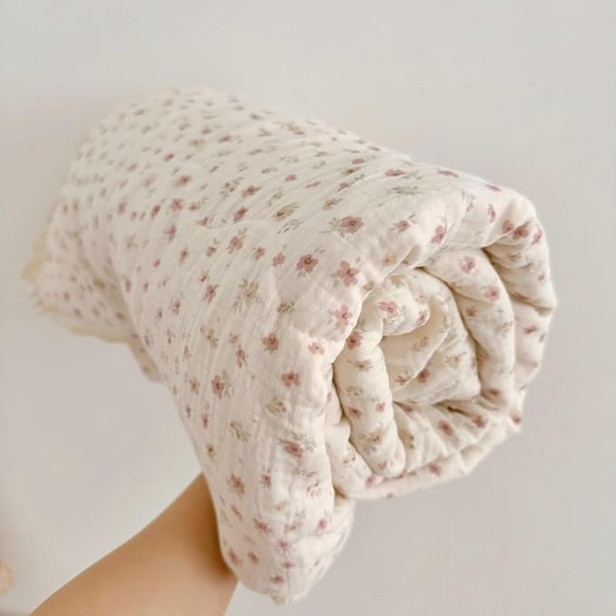 BuLuTu Pink Flower Print Toddler Quilted Blanket Chic Shabby Floral Kids Quilts with Lace Edges, Lightweight Thin Quilt Kids Comforter 100% Gauze Cotton, 60x78 Inches