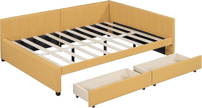 Harper & Bright Designs Full Size Upholstered Daybed with 2 Storage Drawers Sofa Bed Frame for Boys Girls Kids Adults Toddler No Box Spring Needed, Linen Fabric (Yellow)