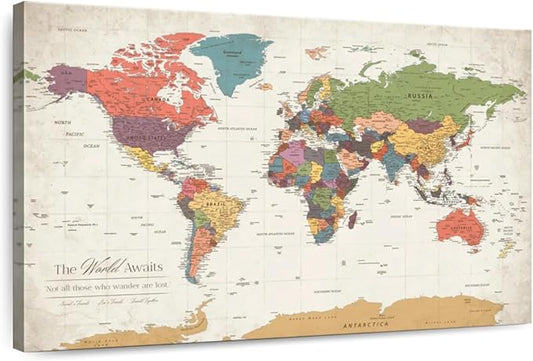 ElephantStock - Personalized World Awaits II Push Pin World Map Wall Art - Horizontal Canvas Wall Art - Living Room Wall Decor - Digital Art Map Canvas Art - Green And Beige Decor - 45" x 30"