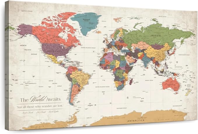 ElephantStock - Personalized World Awaits II Push Pin World Map Wall Art - Horizontal Canvas Wall Art - Living Room Wall Decor - Digital Art Map Canvas Art - Green And Beige Decor - 12" x 8"