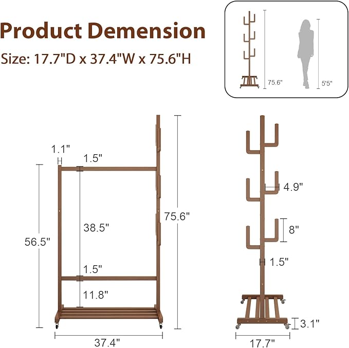 Solid Wood Clothing Rack, Rolling Clothes Racks for Hanging Clothes, Heavy Duty Garment Rack with Wheels, Hanging Rack with 6 Cactus Hooks and Storage Shelf, Easy Assembly, Walnut