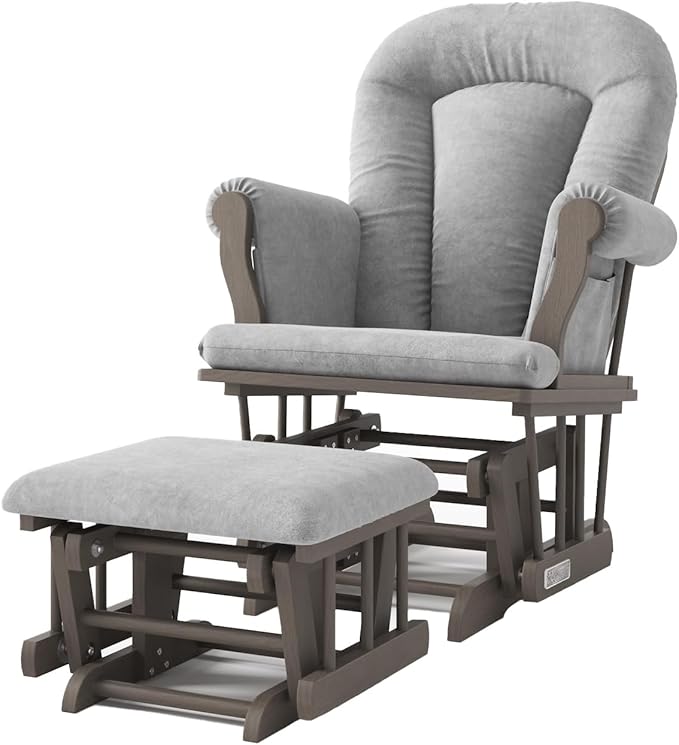 Child Craft Cozy Glider Rocker and Ottoman Set, Padded Cushion with Convenient Storage Pockets, Solid Wood Base & Frame (Dapper Gray with Light Gray Cushion)