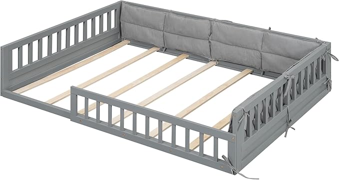 Full Size Upholstered Floor Bed with Guardrail, Montessori Platform Bed Frame for Kids and Toddlers, Wood Slat Support, No Box Spring Needed (Grey+ Solid Wood + MDF + Al)