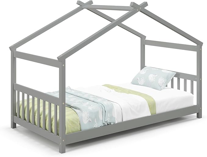 Giantex House Bed Twin, Solid Wood Kids House Bed with Roof, Headboard and Footboard, Low Floor Twin Bed Frame for Toddlers Teens Girls Boys, No Box Spring Needed, Grey