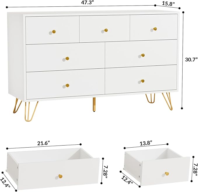 White Dresser for Bedroom, Modern 7 Drawer Dresser with Gold Handles and Metal Legs, White and Gold Dressers & Chest of Drawers for Hallway, Entryway