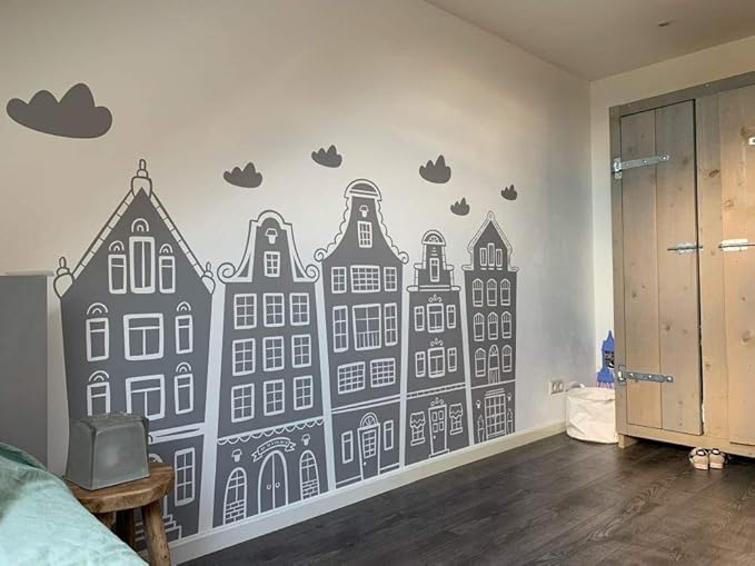 Scandinavian Houses & Clouds Decal Nursery Kids Playroom Wall Sticker Baby Amsterdam Room Decor BA765 (Grey, 37.4X22.inches)