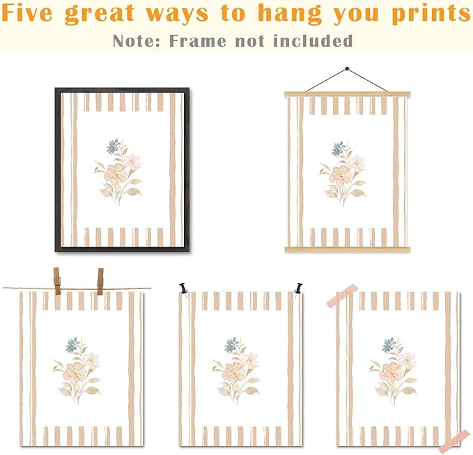 JINYO Neutral Rustic Floral Wall Art Prints Set of 4, Floral Room Decor, Beige and White Striped Cottagecore Flower Posters Pictures Wall Decor for Home Bedroom Living Room, 8x10 Unframed