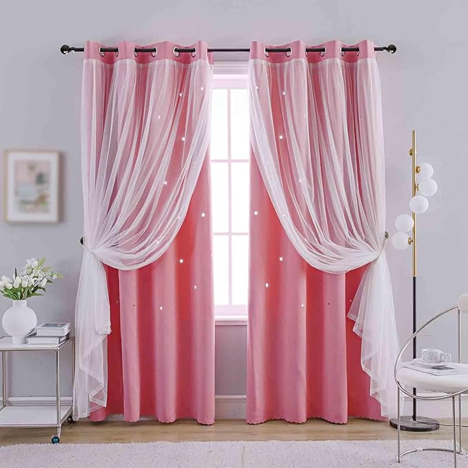 Anytime Star Cut-Out Blackout Curtains for Bedroom 2 Panels,2-Layers Mix Design of Fabric & Tulle,Pretty Pure Color Window Curtain for Kids Room(W52 x L63,Pink)