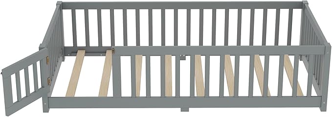 Bellemave Twin Size Floor Bed Frame with Fence and Door for Kids, Montessori Floor Bed with Slats and Safety Guardrails,Solid Wood Twin Bed Frame for Girls Boys,Grey
