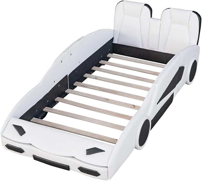 Harper & Bright Designs Twin Size Race Car-Shaped Platform Bed with Wheels, White