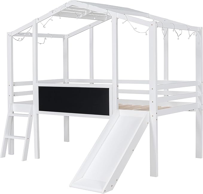 Play Fun Design Twin Size Loft Bed with Ladder and Slide for Kids Boys Girls, Solid Wood House Loft Bed Frame with Blackboard and Light Strip on The Roof, Sturdy Slat Support (White-6)